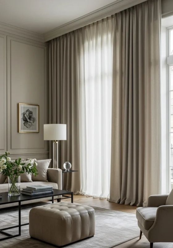 Elegantes Wohnzimmer mit raumhohen Vorhängen vor großen Fenstern